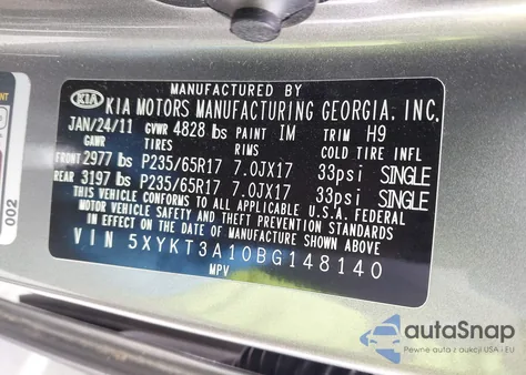 2011 Kia Sorento Lx из США, поврежденный, VIN 5XYKT3A10BG148140